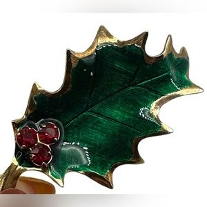 Vintage Green Holly Berry Leaf Red Rhinestone Christmas Holiday Brooch‎ Pin